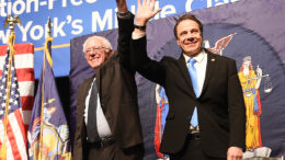 Sen. Bernie Sander (left) joins New York Governor Andrew Cuomo in announcing the Excelsior Scholarship proposal at LaGuardia Community College. Photo courtesy of the office of Gov. Andrew Cuomo